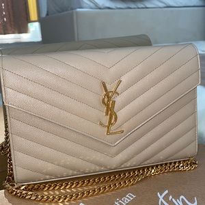 YSL authentic evening clutch beige with gold hardware wallet on chain